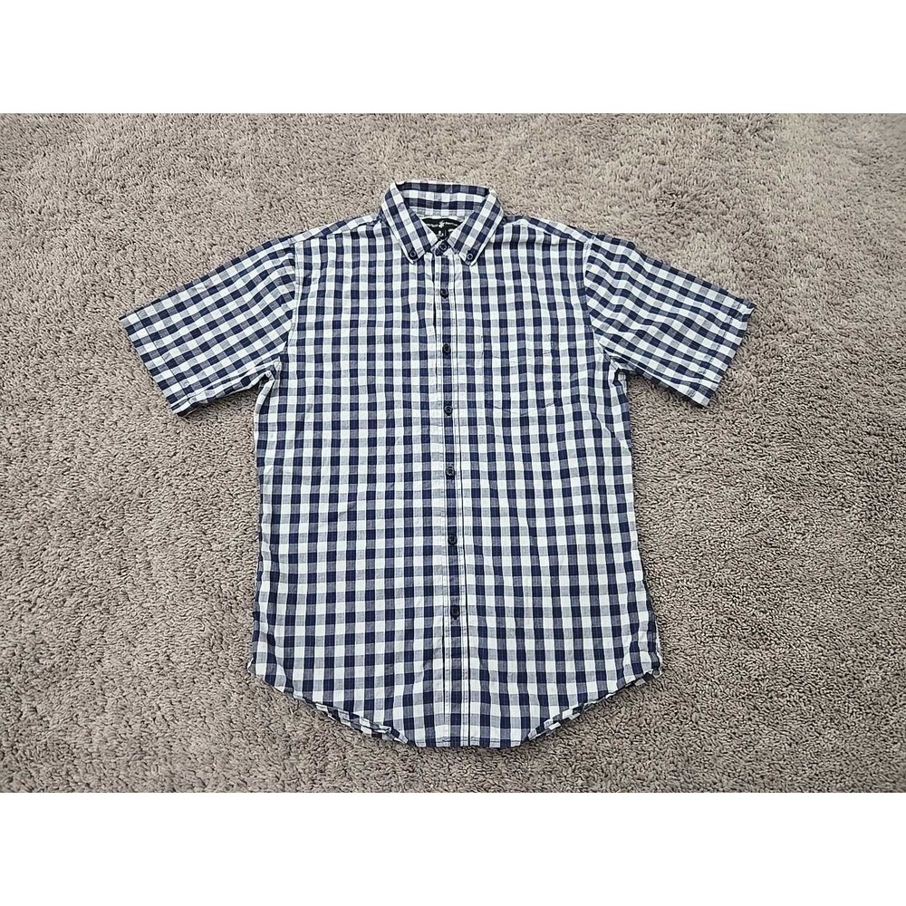 Beverly Hills Polo Club Button Up Shirt Mens S Blue Plaid Short Sleeve Classic